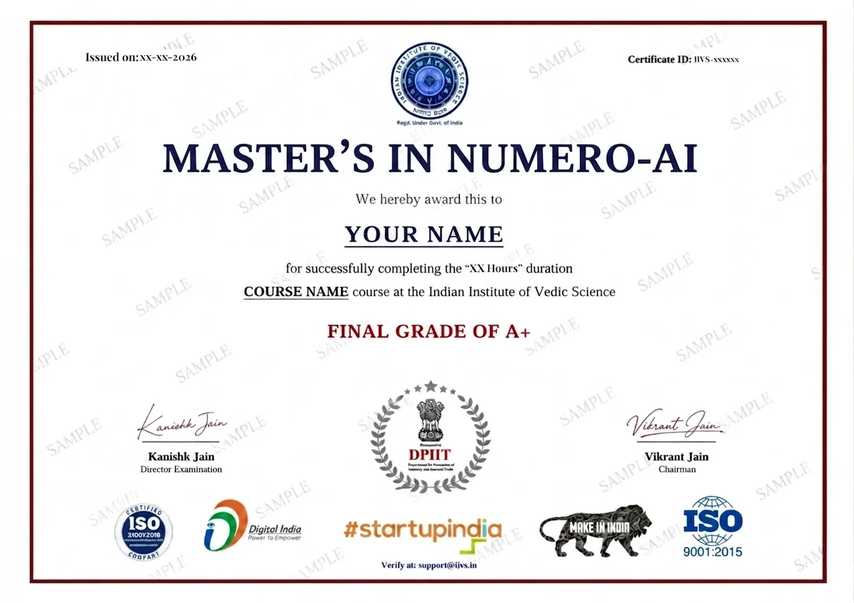 Sample Master's in Numero-AI certificate issued by the Indian Institute of Vedic Science